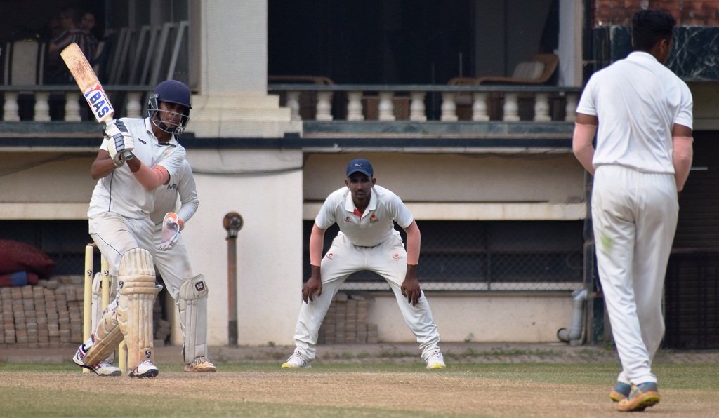 Rishabh Ranade of PYC playing attacking shot against Brilliants Sports Academy bowler at PYC Ground